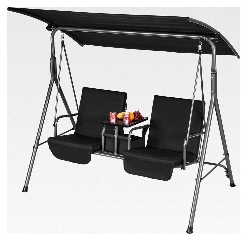 2-Sitzer-Hollywoodschaukel mit verstellbarem Sonnenschutz, Aufbewahrungstasche und drehbarem Tablett aus Oxford-Gewebe und legiertem Stahl für Bal...