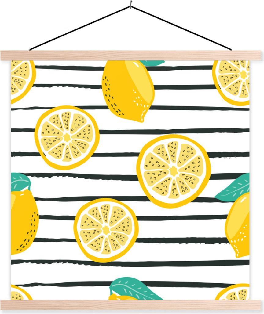 MuchoWow Textilposter Zitronen - Sommer - Pastell 120x120 cm mit holzfarbenen Rahmen - Textil-Poster