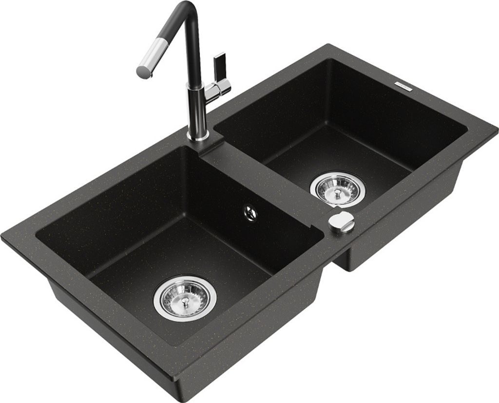 Mexen Mario 2-Becken-Granitspüle mit Mischbatterie Flora, Schwarz/Gold metallisch - 6504-75-670401-07