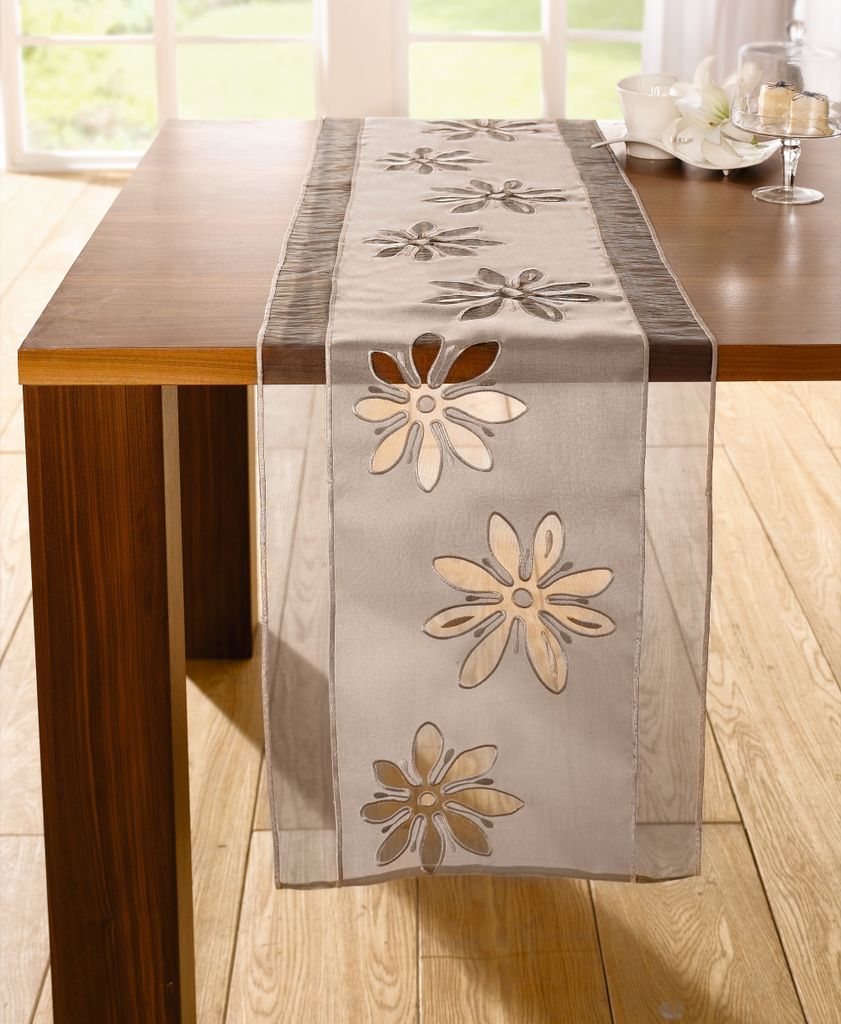 Tischläufer Organzablüte" sand / braun, 40x160 cm, Tischband"