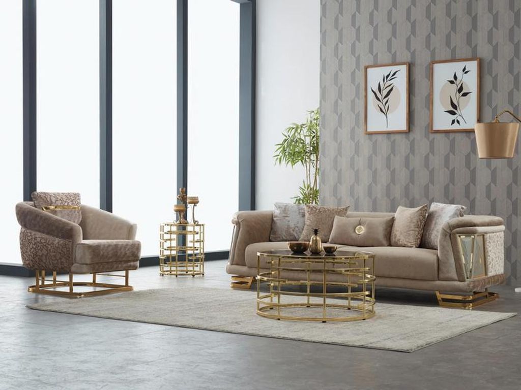Komplette Couchgarnitur Polstersofa Dreisitzer Stoffsofa Sessel Beige