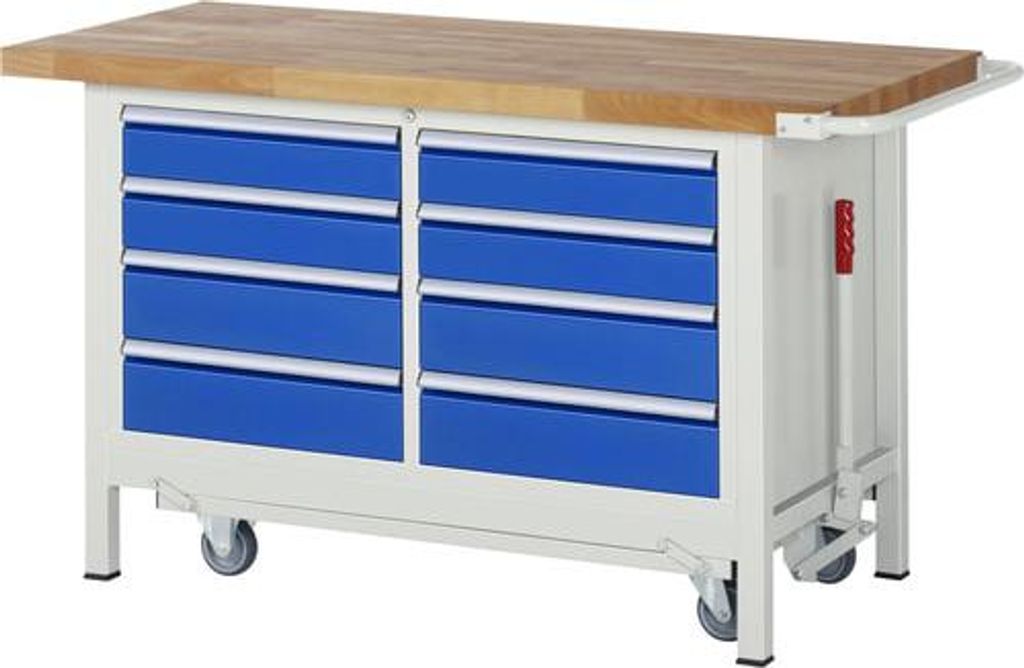 Mobile absenkbare Werkbank mit 8 Schubladen - Vollauszug - 120:4 / 150:4 - 880 x 1.500 x 700 mm (HxBxT) - Traglast 1.250 kg - Buche