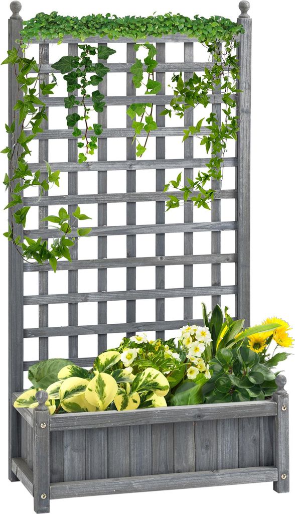 Hochbeet Pflanzkasten mit Rankgitter Blumenkasten Rankkasten Rosenbogen mit Rankhilfe für Kletterpflanzen Garten Holz Grau 64 x 28 x 120 cm