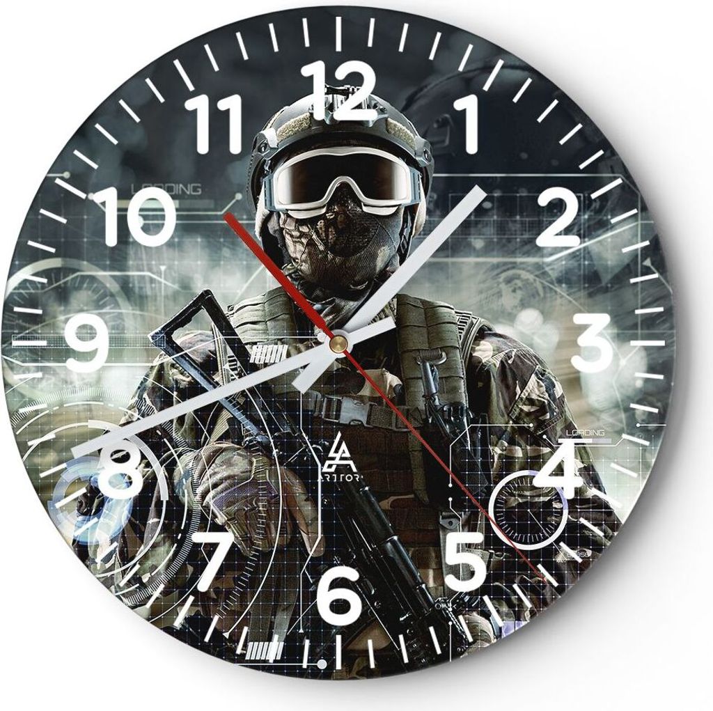 Wanduhr - Rund - Glasuhr - Soldat Gewehr - 30x30cm - Schleichendes Uhrwerk - Lautlos - zum Aufhängen bereit - Dekoration Modern - Wanddekoration a...