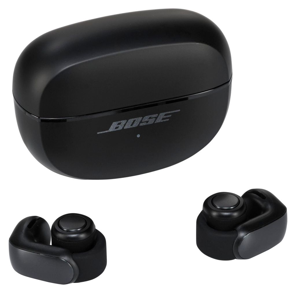 A black charging case and two black earbuds for wireless headphones are displayed against a white background.