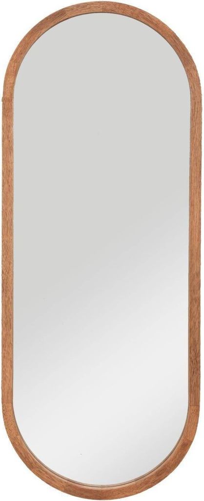 A full-length oval mirror with a wooden frame.