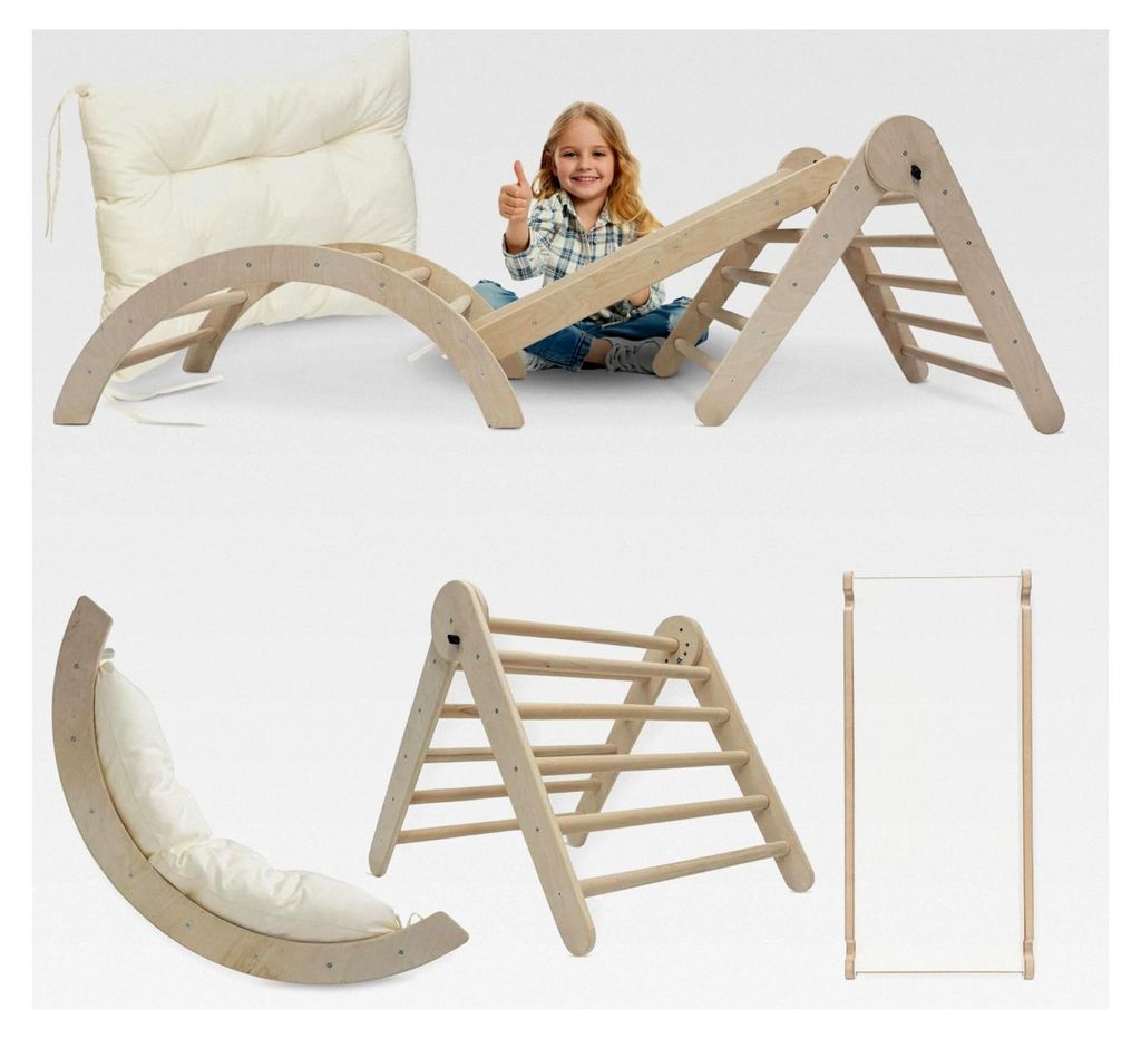 Klettergerüst Kletterdreieck Indoor 4 in 1 Set. Montessori Kletterbogen mit Kissen, Indoor Spielplatz