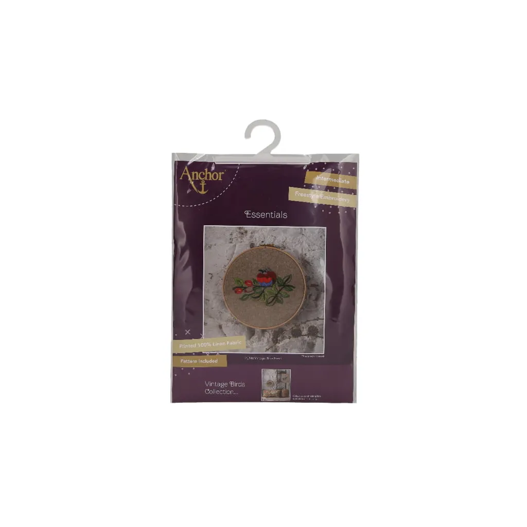 Pack broderie traditionnelle Anchor fleurs et oiseaux lin gris 20cm