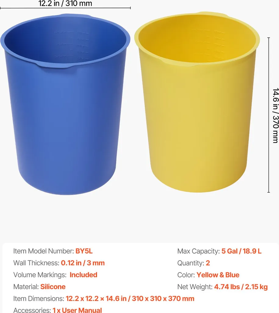 VEVOR, 18,9 L, inserto per secchio in silicone per miscela di calcestruzzo, riutilizzabile, per la miscelazione di malta a letto sottile, vernice, calcestruzzo e resina epossidica, rivestimento per secchio, sicuro per gli alimenti, 2 pezzi, blu/giallo - 7