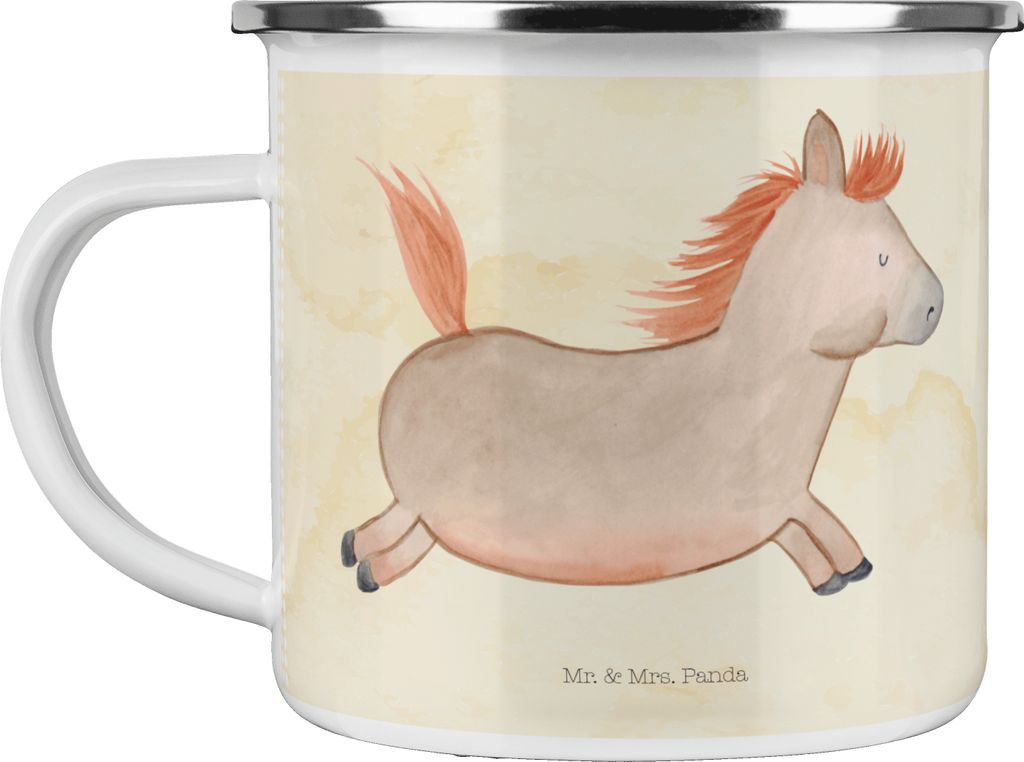Mr. & Mrs. Panda Emaille Becher Pferd Springen - Vintage - Geschenk, Tasse, Stall, Haferl, Teetasse, Pferdestall, Bauernhof, Pferde, Reiten, Pony, ...
