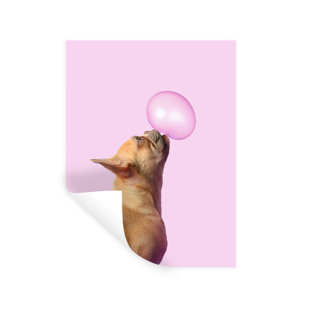 MuchoWow Wandtattoo Wandsticker Wandaufkleber Hund - Tiere - Kaugummi - Rosa 120x160 cm Selbstklebend und Repositionierbar - Wierderverwendbar - ...