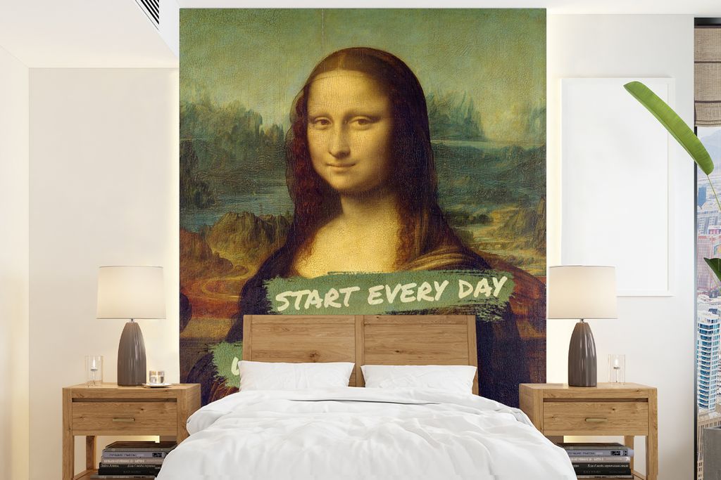MuchoWow Fototapete für Wohnzimmer oder Schlafzimmer Wandtapete Vinyl Motivtapete Mona Lisa - Zitat - Da Vinci - 165x220 cm - Wanddekorationen