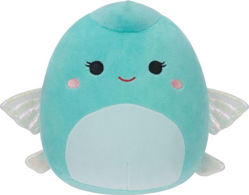 A teal plush toy with wings and a light blue belly, sitting on a white background.