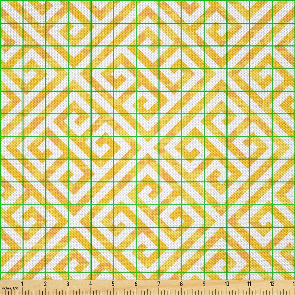 ABAKUHAUS Greek Key Satin Stoff als Meterware, Gelbes und weißes Fliesen-Muster mit verdrehten Linien im Quadrat-Schmutz, der Labyrinth schaut, 10...