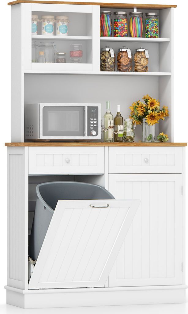 A white kitchen hutch with a wooden countertop, displaying various kitchen items and a microwave.