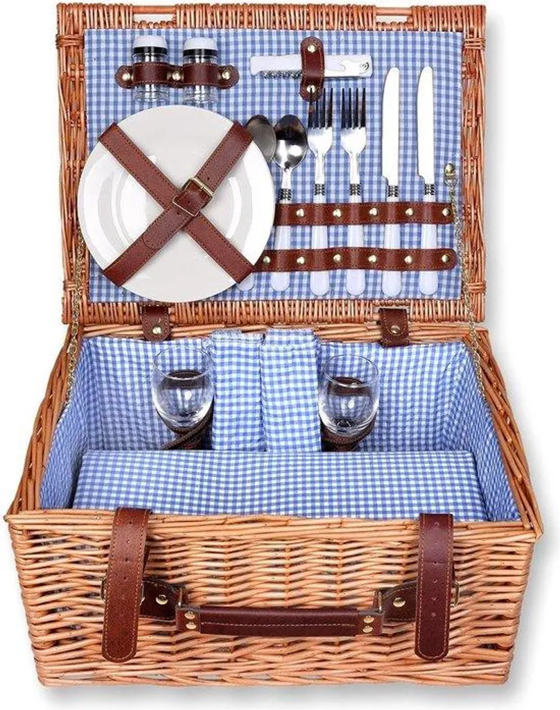 Panier à pique-nique en chêne 40x30x20 cm pour 2 personnes bleu quadrillé