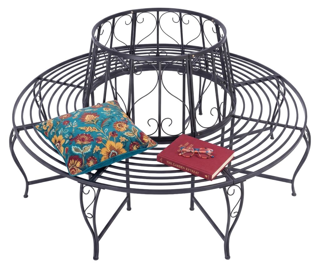 Relaxdays Baumbank, 360° Sitzplatz, Vintage-Design, H x D: 85 x 160 cm, Traglast 600 kg, Stahl, Gartenbank, schwarz