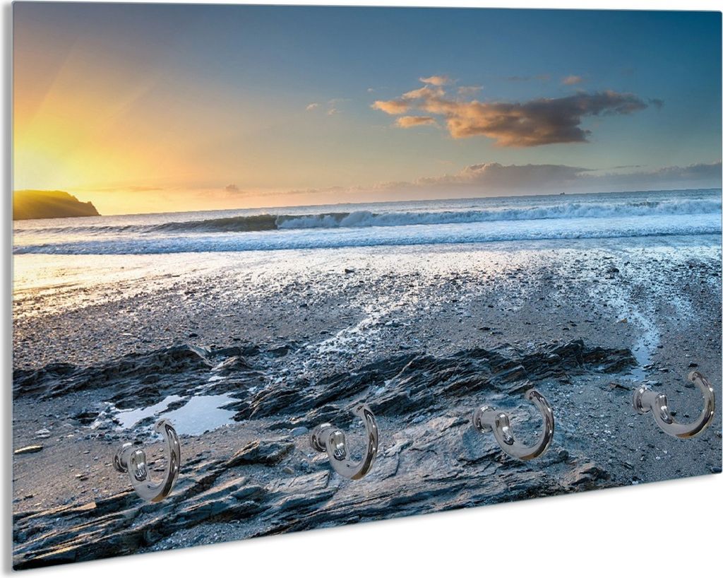 Wallario Handtuchhalter aus Glas, Motiv: Einsamer Strand in Cornwall England, 30 x 20 cm mit 4 Haken