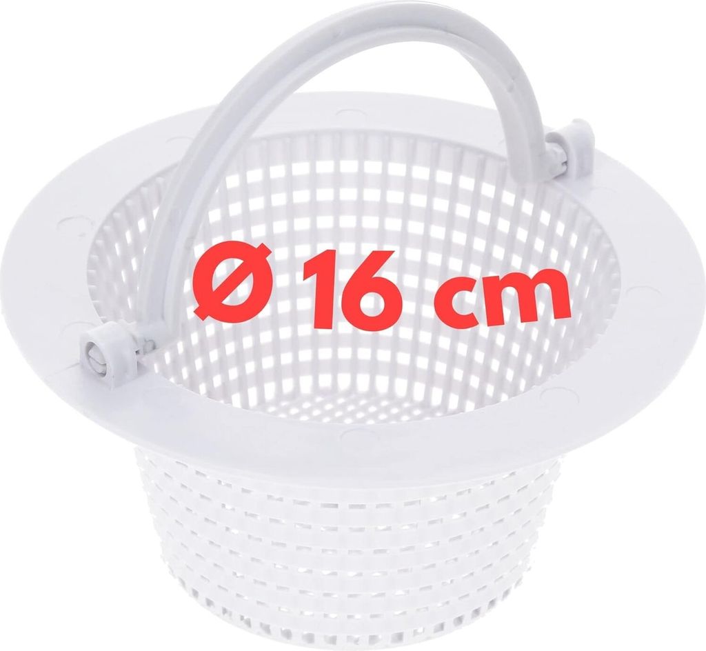 A white plastic skimmer basket with a handle, shown against a white background. Red text indicates the diameter.