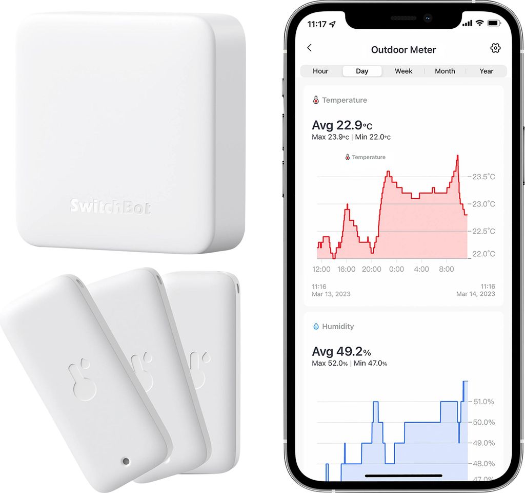 SWITCHBOT WLAN Hygrometer Thermometer, Innen/Außen, 3er-Pack mit mini Hub, weiß