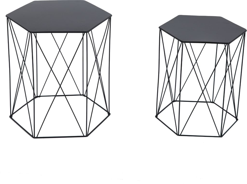 Two modern black hexagonal side tables with geometric wire bases are shown against a white background.