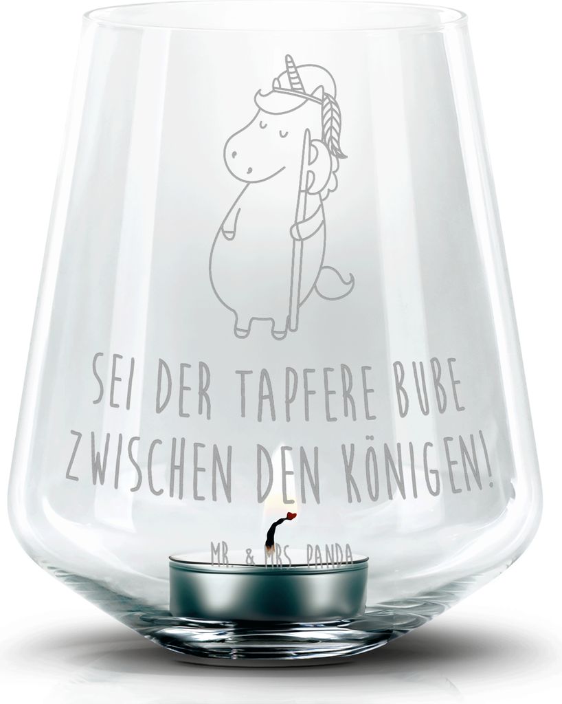 Mr. & Mrs. Panda Laterne Einhorn Junge - Transparent - Geschenk, Kerzenhalter Glas, Unicorn, Teelichthalter, Mittelalter, Einhörner, Gravur, Bube,...