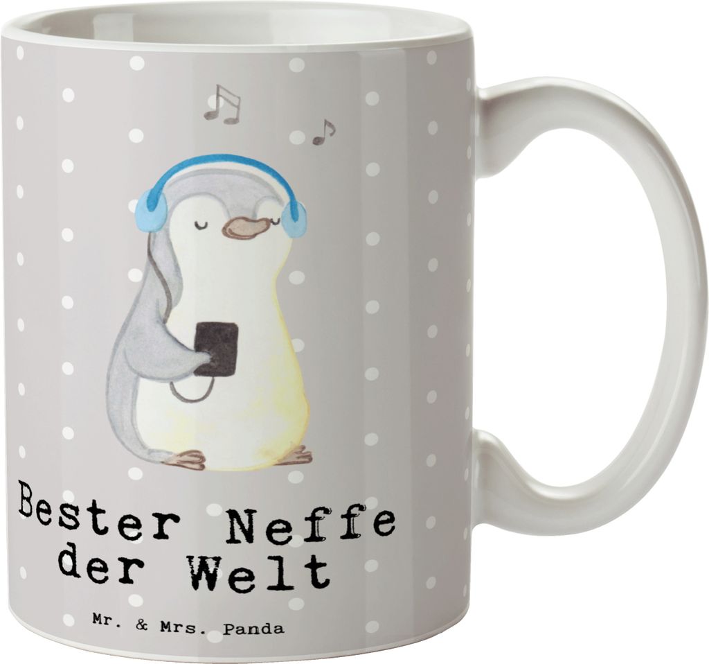Mr. & Mrs. Panda Kaffeetasse Pinguin Bester Neffe der Welt - Grau Pastell - Geschenk, Geschenkidee, Becher, Patentante, Tante, kaffeebecher keramik...
