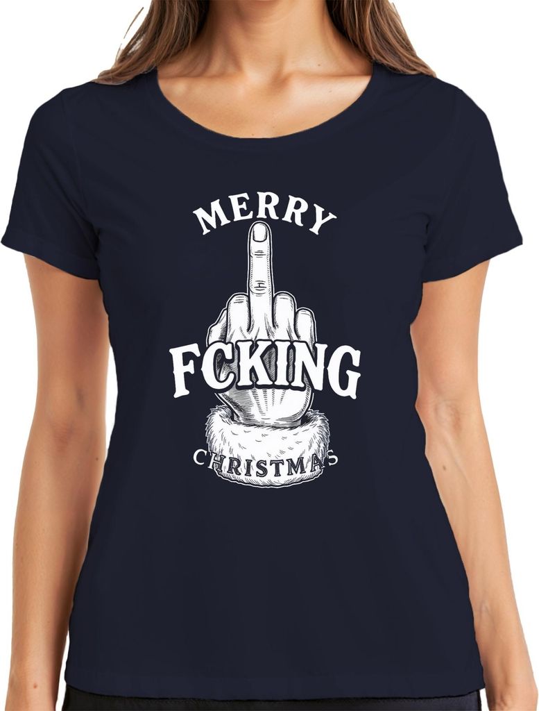 MERRY FCKING CHRISTMAS Mittelfinger sarkastisch Weihnachten frech Damen T-Shirt, Navy, XXL