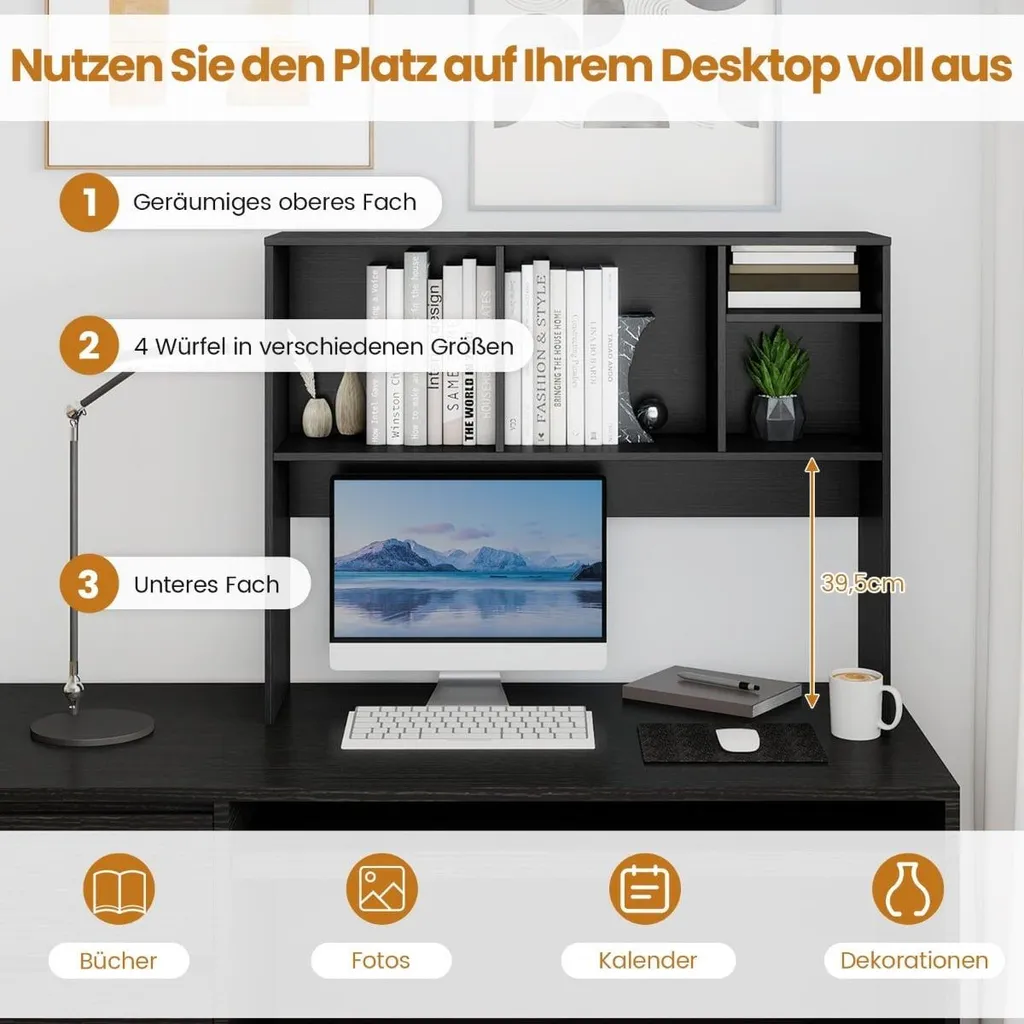 Étagère de bureau 4 compartiments robuste et compacte noire 73cm large - 3