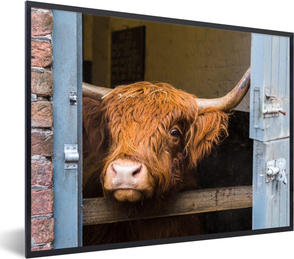 MuchoWow Gerahmtes Poster Schottischer Highlander - Bauernhaus - Scheune 80x60 cm - Poster mit Schwarzem Bilderrahmen Wandposter Rahmen Foto Bild...