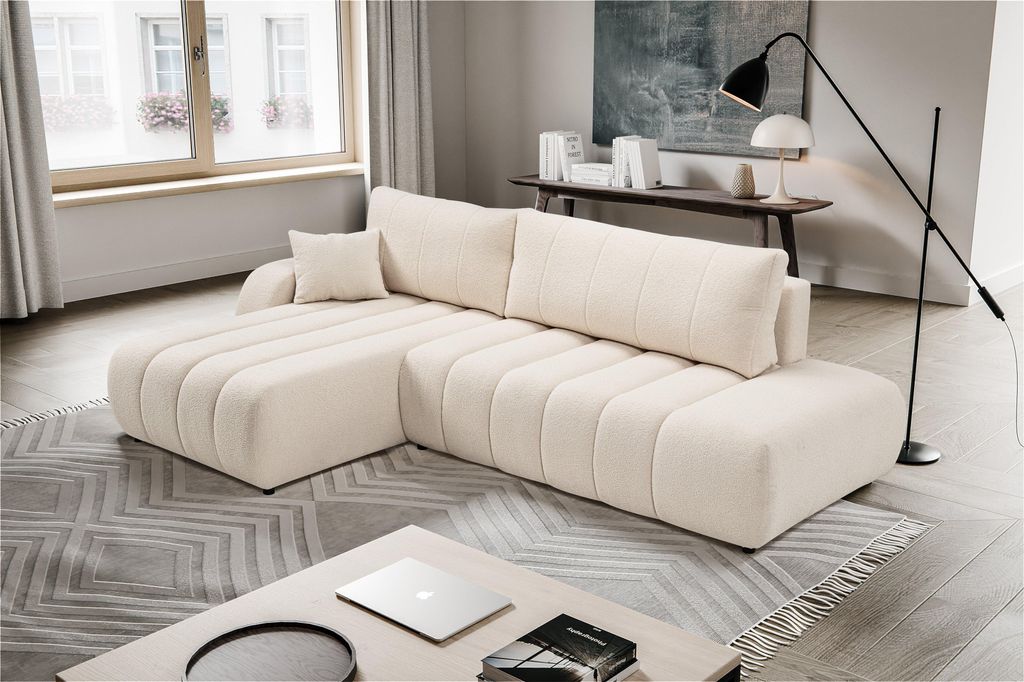 Masseno Ecksofa GIOIA L-S mit Schlaffunktion L-Form, Sofa mit Bettkasten, Wohnzimmersofa, Couch, Soffa, Bettsofa, Couchgarnitur- Creme, LAMBI 8