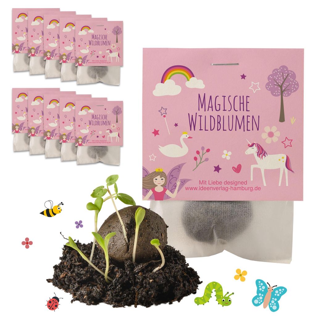 Ideenverlag Hamburg - 10 „Einhorn“ Samenbomben im Tütchen mit Wildblumensaatgut | Nachhaltiges Mitgebsel für Kindergeburtstage & magisches Na...