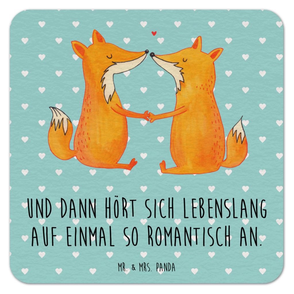 Mr. & Mrs. Panda Tischuntersetzer Füchse Liebe 100er Set - Türkis Pastell - Geschenk, Getränkeuntersetzer, Partner, Fuchs, Bierdeckel, gläserun...