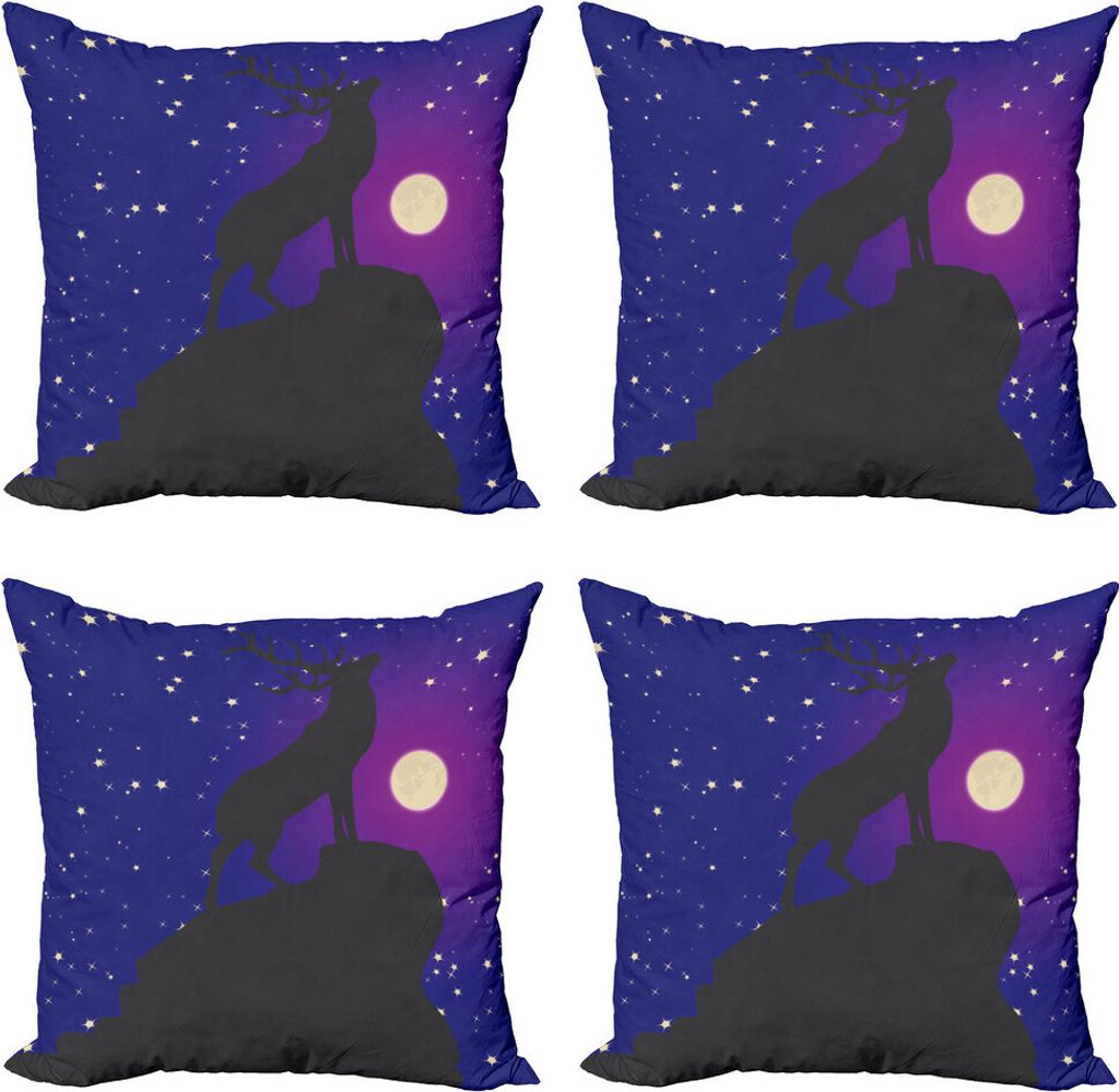 ABAKUHAUS Wild jagen Kissenbezug Set (4 Stück), Elk Silhouette Nacht, Moderner Doppelseitiger Digitaldruck, 50 cm x 50 cm, Indigo Taupe Grau