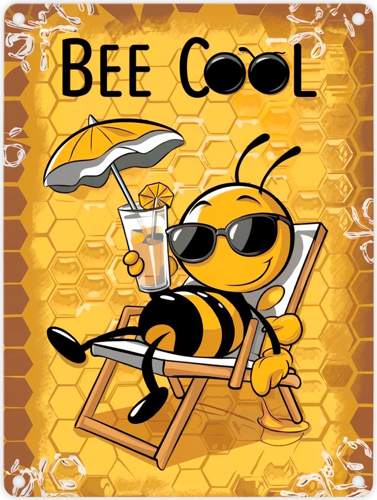 Bee Cool - Cartoon Biene Metallschild in 15x20 cm für Bienen-Liebhaber
