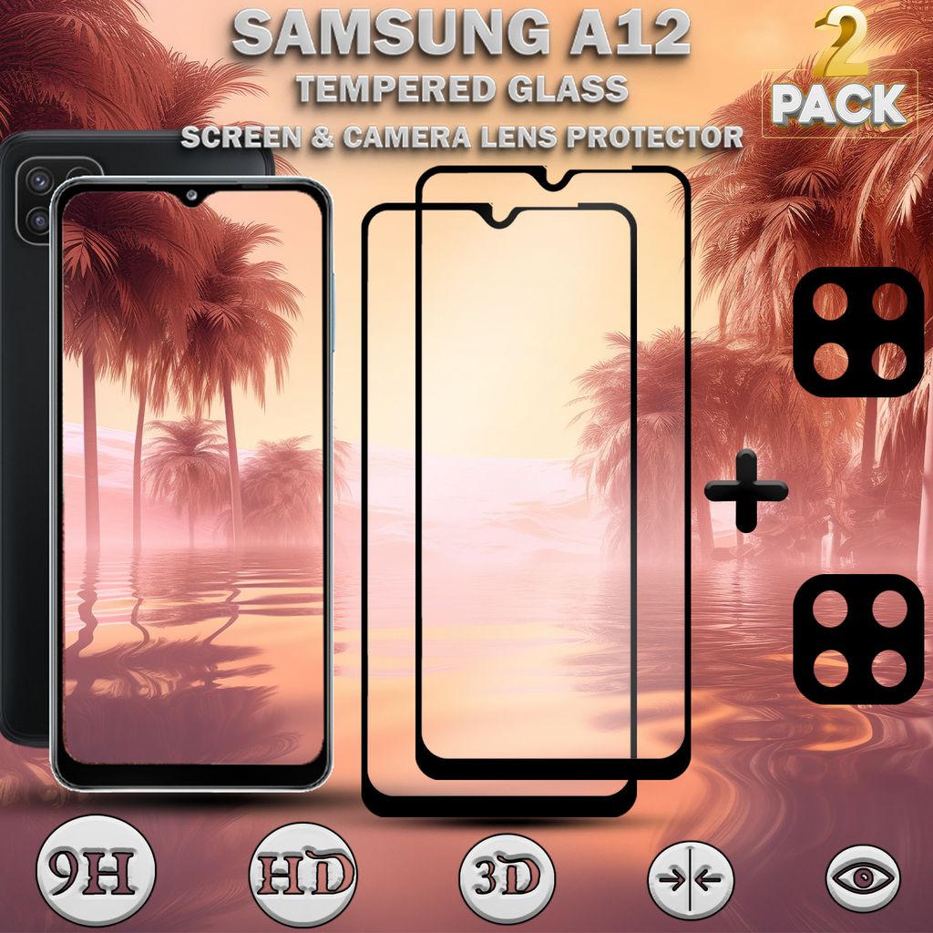 2-Pack Samsung Galaxy A12 Displayschutzfolie und 2-Pack Objektivschutz aus 9H gehärtetem Glas
