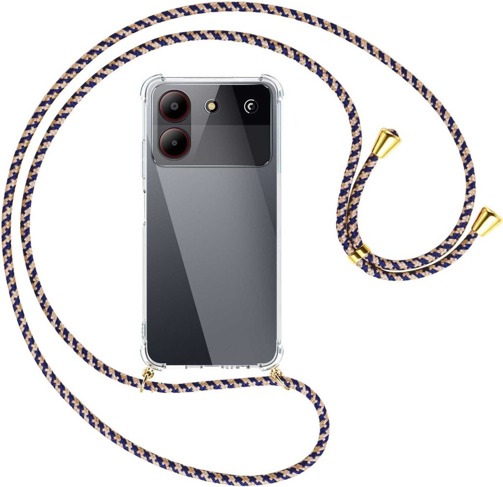 Handykette Backcover-Schutzhülle mit Band (Metall goldfarben) für ZTE Blade A54 (6.6'') - blau+beige