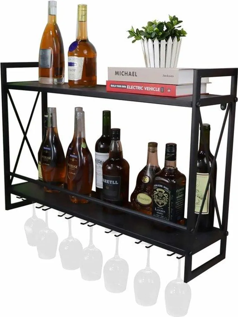 Étagère rustique 80 cm en métal avec double tablette verre sécurit