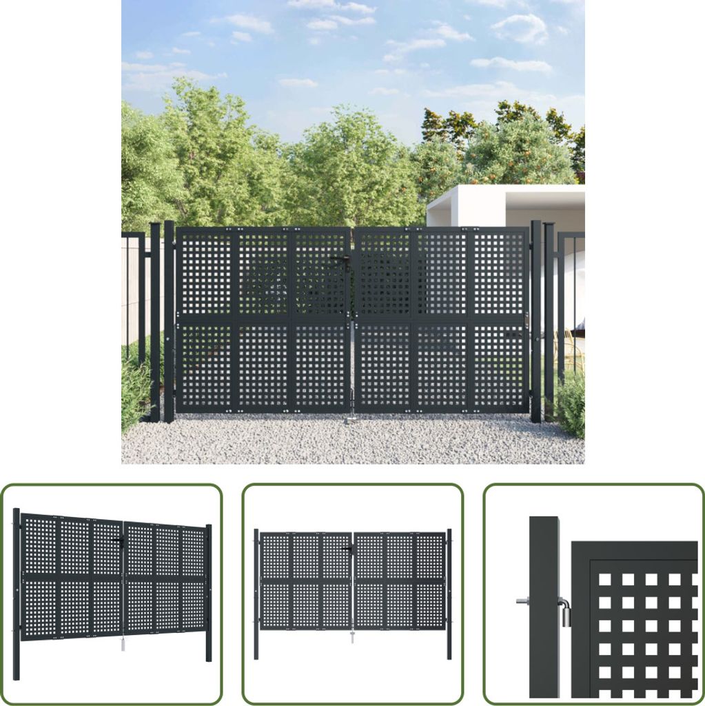 A collage of images showing a dark gray metal garden gate with a square lattice pattern. The main image shows the gate installed in a driveway setting, with smaller inset images showing different views and a close-up of the latch mechanism.