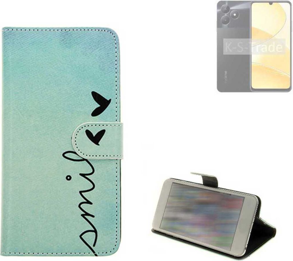 K-S-Trade Schutz Hülle Handy Hülle kompatibel mit Realme C51 Hülle Handyhülle cover bookstyle Etui Handyhülle “smile“ türkis Standfunktion