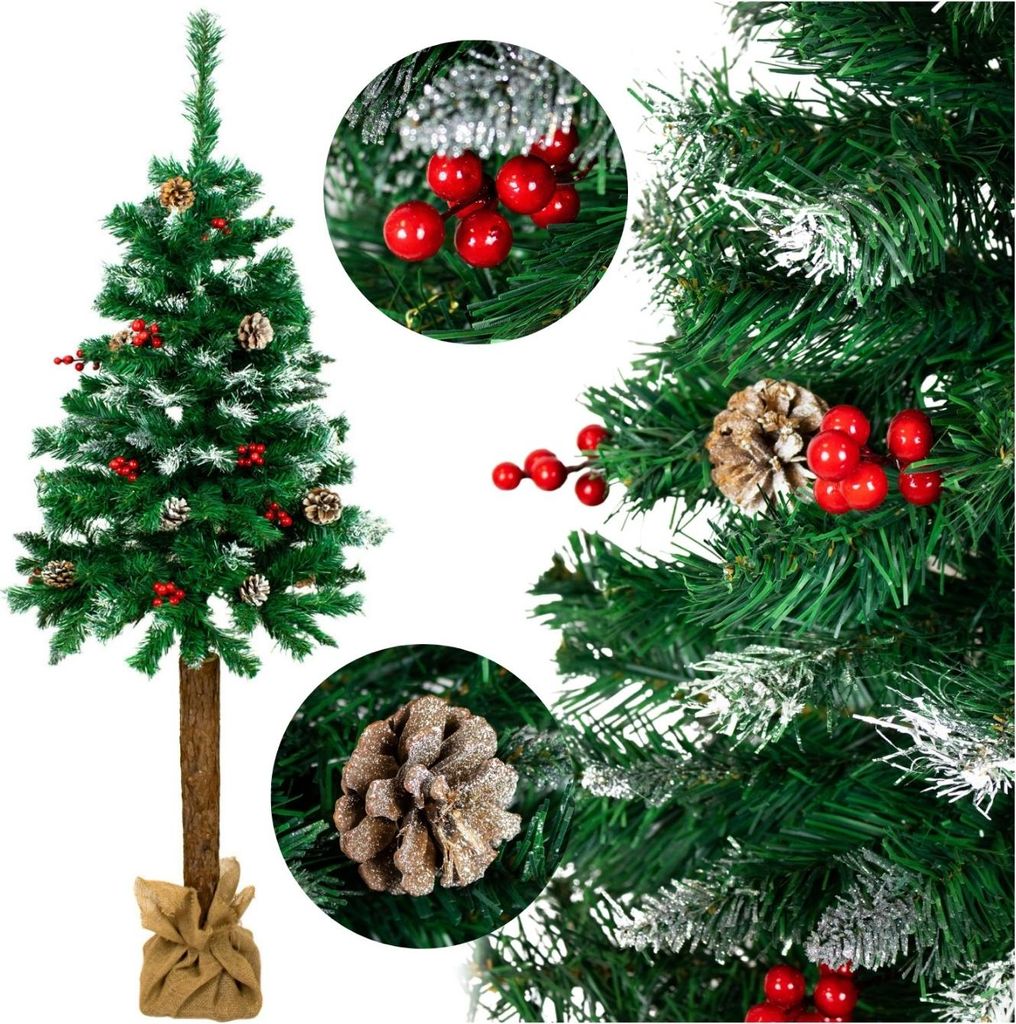 Weihnachtsbaum auf einem Stamm, künstliche Kiefer wie ein echter Baum, 200 cm + Weihnachtsdekoration