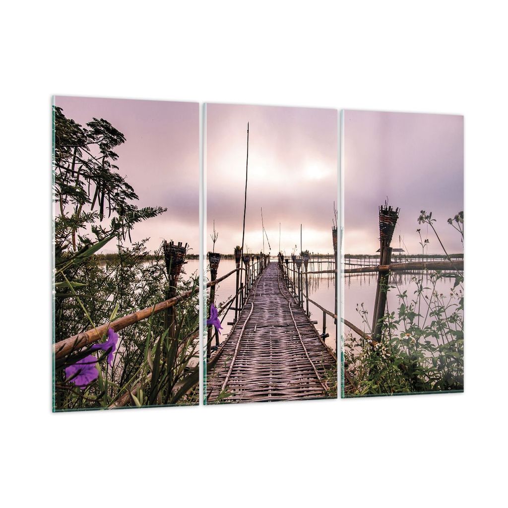 Bilder auf glas - 3 Teile - Brücke See Fackel - 105x70cm - Glasbilder - Wandbilder - Bilder - zum Aufhängen bereit - Wanddekoration aus Glas - Gl...