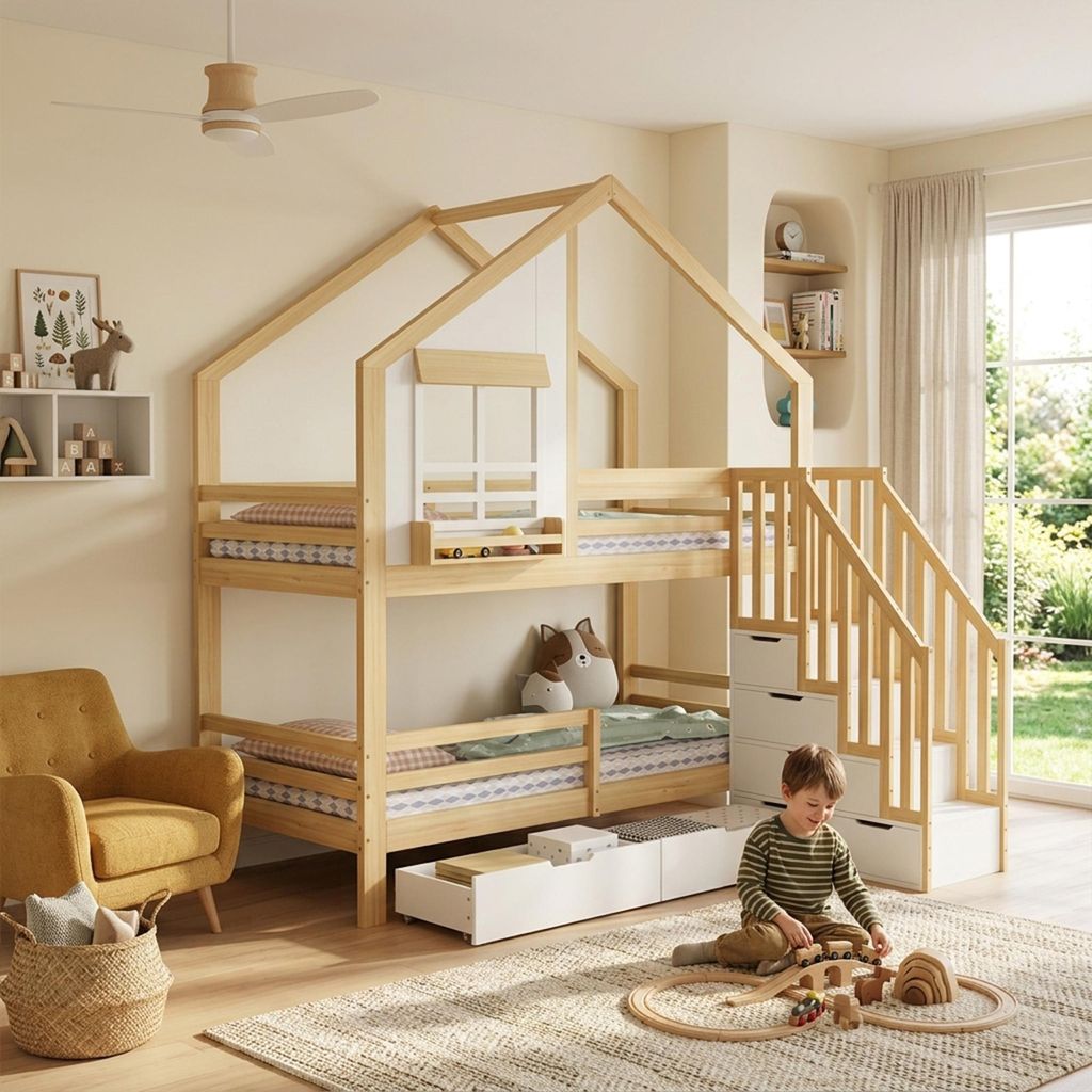 Flieks Etagenbett 90x200cm mit Schubladen, Kinderbett Hausbett mit Fenster & Treppe, Kinder Hochbett mit Rausfallschutz und Lattenrost, Naturbelassen