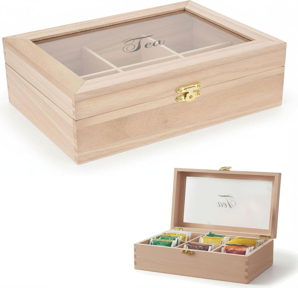Holz Aufbewahrungsbox Teebox 6 Fächer mit Deckel für Teebeutel Teekiste Teekasten