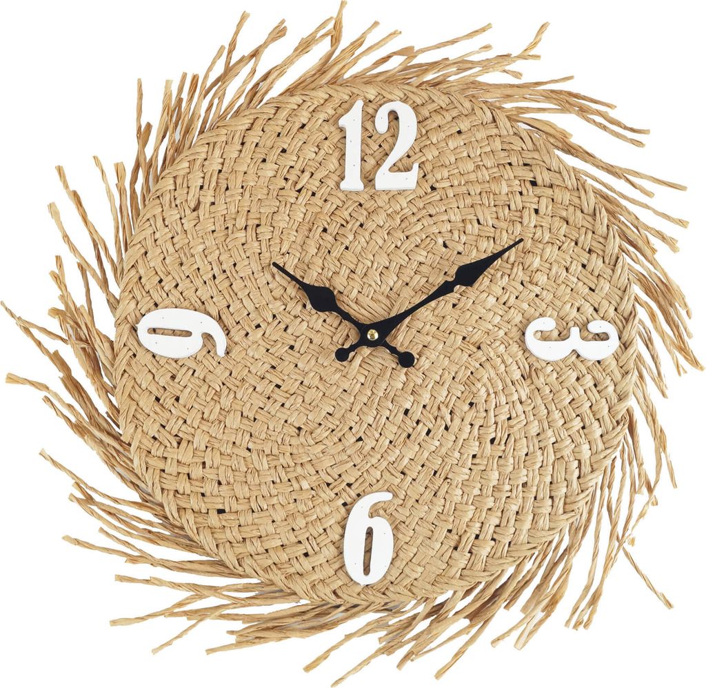 A round straw wall clock with black hands and white numbers on a white background.