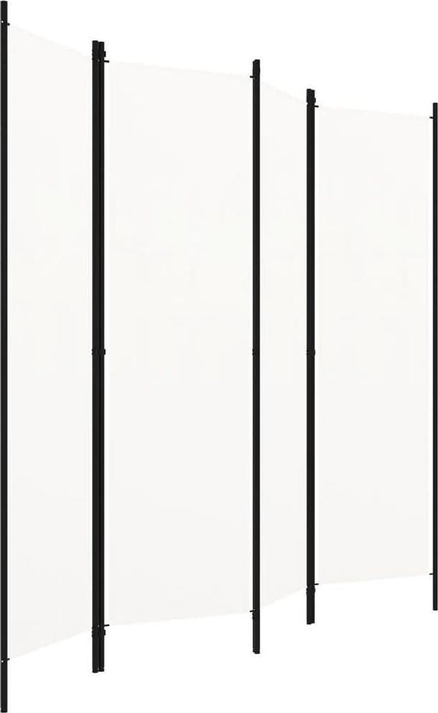 A white room divider with black metal frames.
