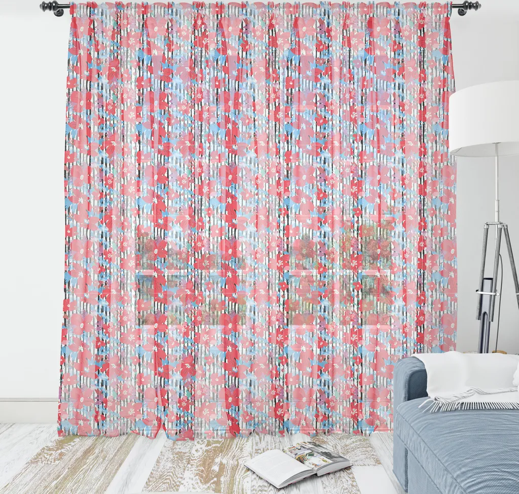 Grande Tenture Murale Décorative à Motif Floral Rose et Bleu 160x274