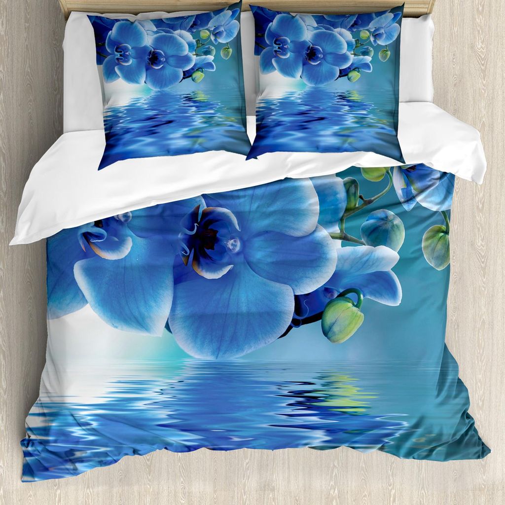 ABAKUHAUS Blume Bettbezug Set, Orchideen-asiatische natürliche Blumen-Reflexionen auf dem Wasser für entspannenden Druck der Frühlings-Zeit, 200...