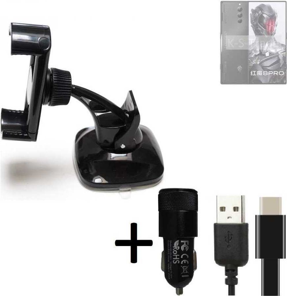 K-S-Trade Handy-Halterung kompatibel mit nubia Red Magic 8 Pro Global Windschutzscheibe / Armaturenbrett + LADEGERÄT mit Mico USB Kabel Autohalterung
