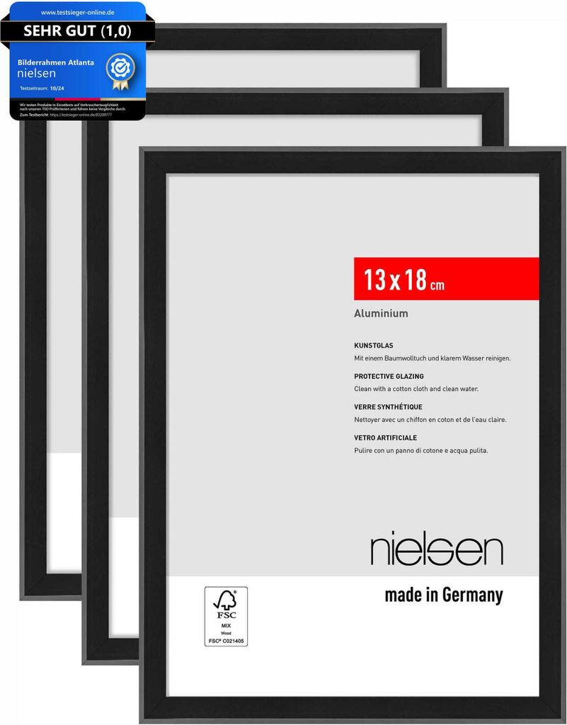 nielsen Aluminium Portraitrahmen, Bilderrahmen 3er SET Atlanta, 13 x 18 cm, Schwarz Matt